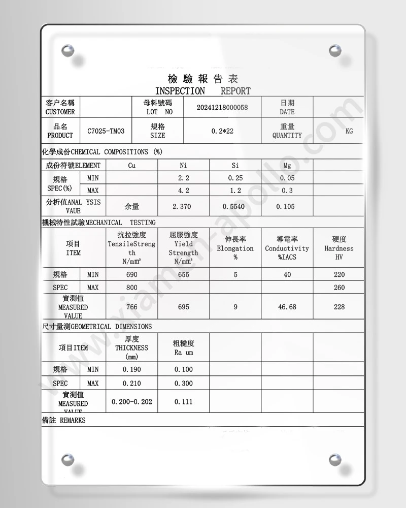 C7025 Beryllium Copper Material Report for Beryllium Copper Stamped Parts C7025 Beryllium Copper Material Report for Beryllium Copper Stamped Parts
